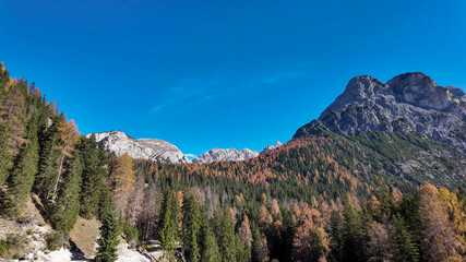Fototapeta premium Majestic autumn landscape in the Italian Alps, showcasing vibrant trees and towering mountains, embodying nature's beauty and tranquility