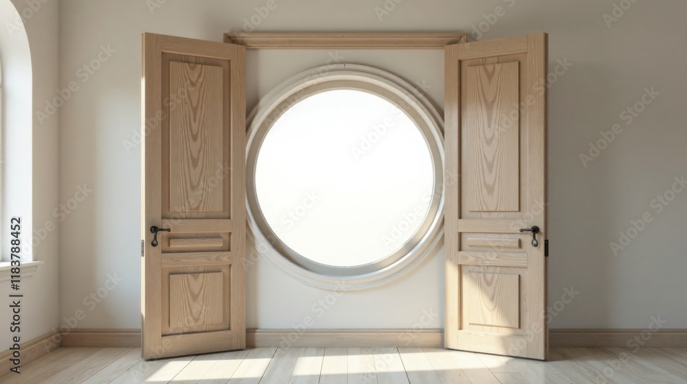 Poster Light streaming through an open doorway reveals a circular window in a minimalist room