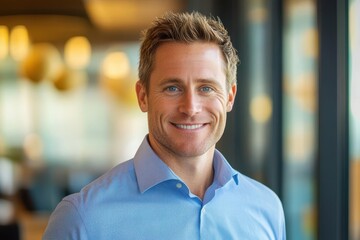 Fototapeta premium Smiling attractive businessman in blue shirt exuding confidence in a solo office setting Corporate achievement