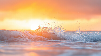 beautiful sunset over ocean with gentle waves splashing. warm colors create serene atmosphere