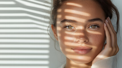 dreamy woman with soft features and light shadows on her face