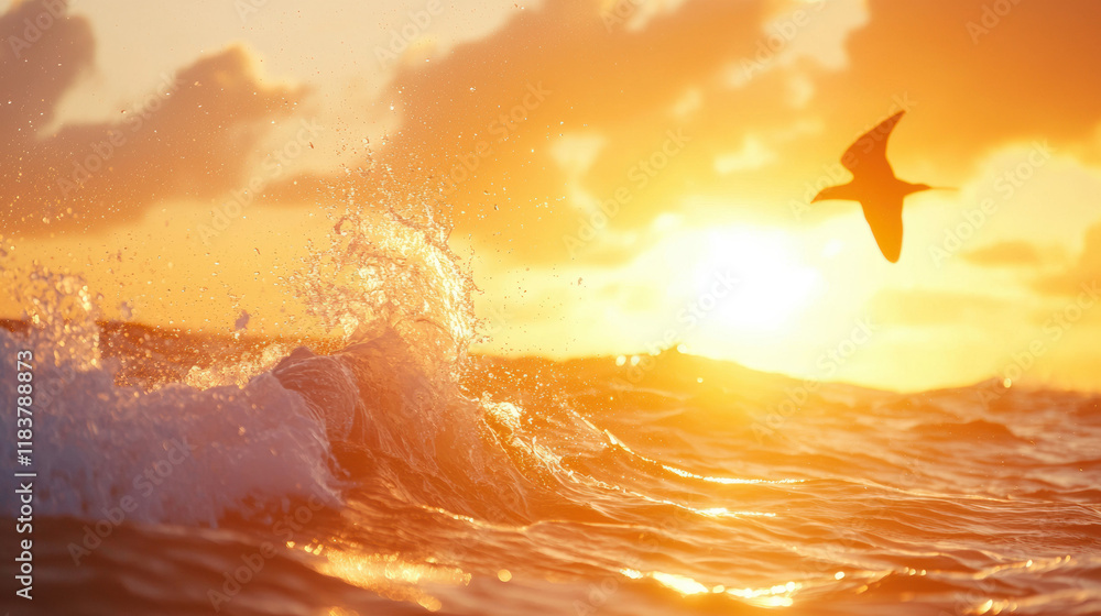 Poster Sunset over ocean waves with bird flying in sky, creating serene atmosphere