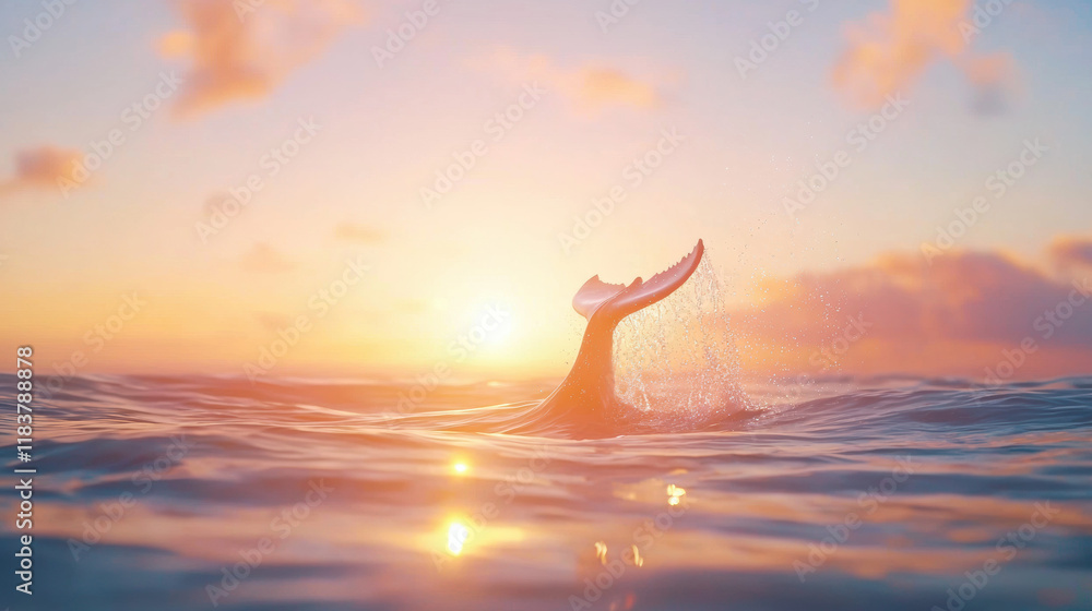 Poster whale tail emerges from ocean at sunset, creating stunning scene. warm colors of sky reflect on wate