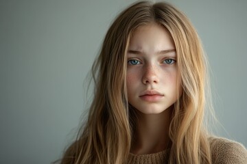 Fototapeta premium Tight portrait of a troubled teenage girl with long blonde hair expressing sadness Isolated background with space for text