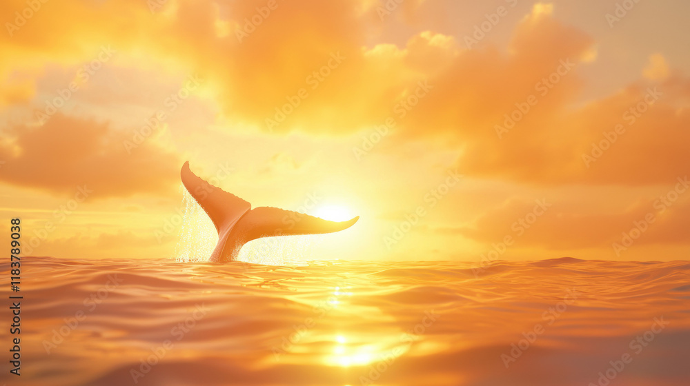 Aufkleber majestic whale tail emerges from ocean at sunset, creating serene atmosphere. warm colors of sky ref