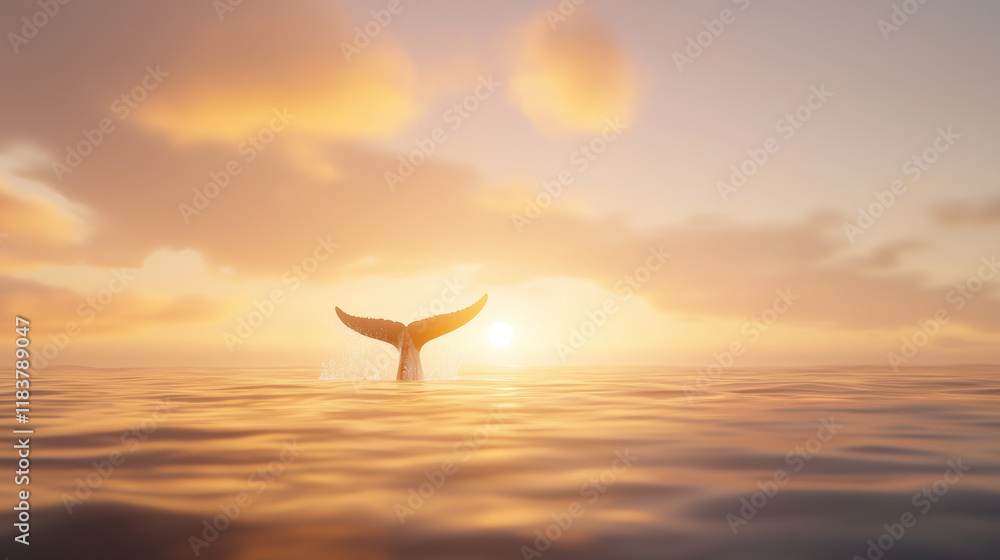 Poster whale tail emerges from ocean at sunset, creating serene atmosphere. warm colors of sky reflect on w