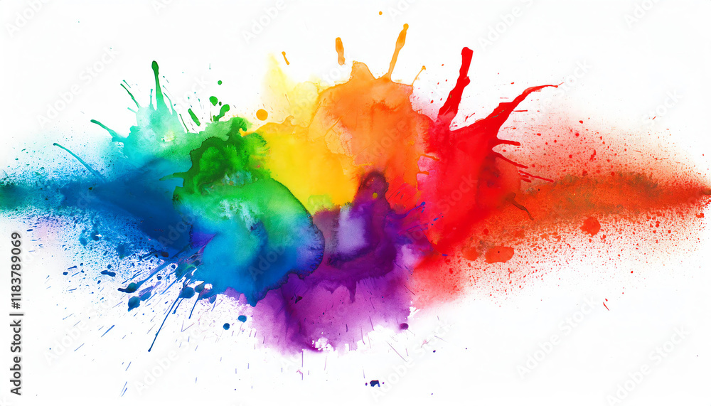Poster a vibrant splash of rainbow colors, blending and spreading across a white background, creating a dyn