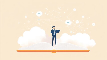 Content creation concept art, businessman announcing on open book platform, hovering communication symbols, white fluffy clouds, dotted connection lines, gentle cream backdrop, flat design