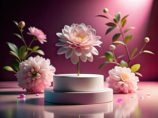 Delicate pink blooms on minimalist podium, 3D floral backdrop, low-light beauty shot.