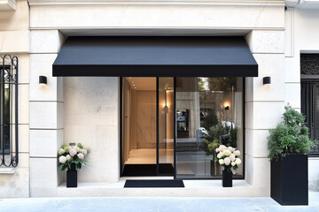 Chic storefront with black awning and floral displays.