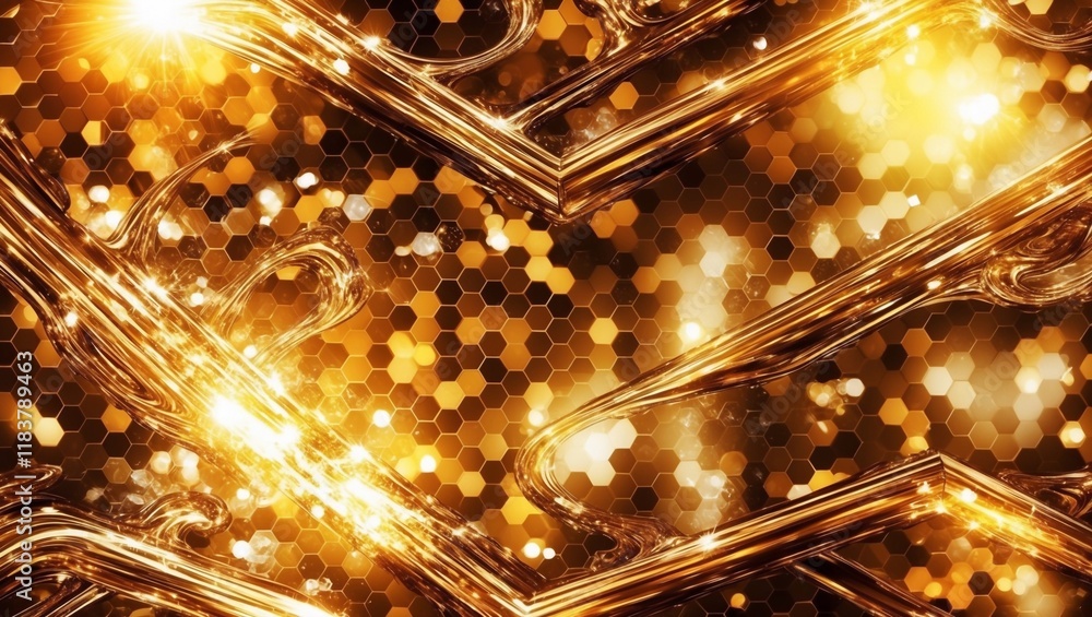 Poster shimmering golden hexagonal abstract background with bokeh light effects : generative ai