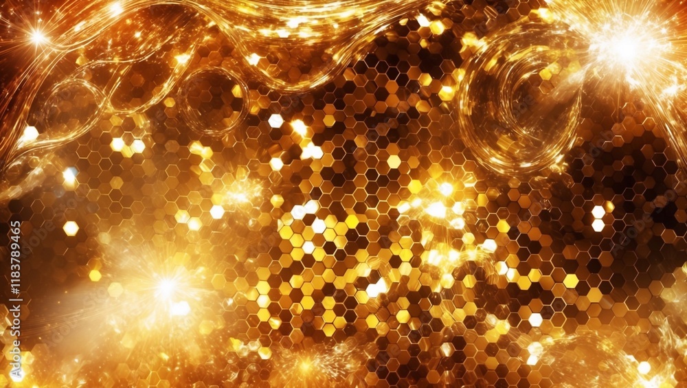 Poster shimmering golden hexagonal abstract background with bokeh light effects : generative ai