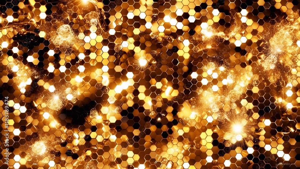 Poster shimmering golden hexagonal abstract background with bokeh light effects : generative ai