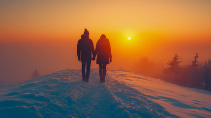 Couple Silhouetted Against a Winter Sunset: Romantic Snowy Landscape at Dusk