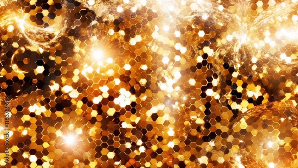 Poster shimmering golden hexagonal abstract background with bokeh light effects : generative ai