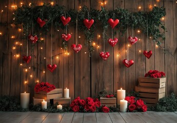 Wooden barn door with red roses and heart-shaped lights on the floor, Valentine's Day photoshoot backdrop with romantic decoration, perfect for love-themed photography.