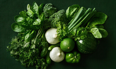 Fresh Green Vegetables Arrangement on Dark Green Background with Vibrant Textures