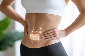 Woman holding her flat belly with a 3d render image of healthy gut symbolizing good digestion, health and fitness.