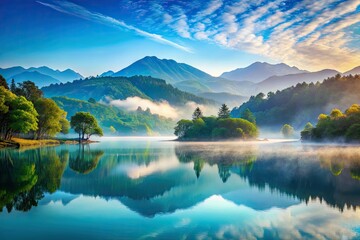 Obraz premium Dreamy pale blue landscapes: serene skies embrace misty mountains, creating ethereal scenery.