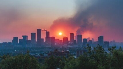 A dramatic sunset over a city skyline, with haze and pollution visible in the air, highlighting the effects of urban development on climate change.