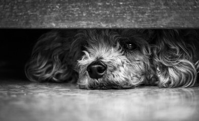 the poodle lay on the floor with black and white tone