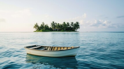 Naklejka premium Tranquil Island Escape: A Small Boat on Calm Ocean Waters