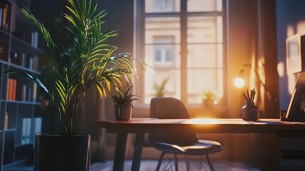 Fototapeta premium Golden Hour Workspace: Serenity and Productivity in a sunlit home office.