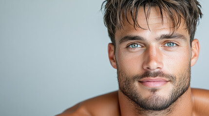 Naklejka premium relaxed man with blue eyes and tousled hair, exuding confidence and charm