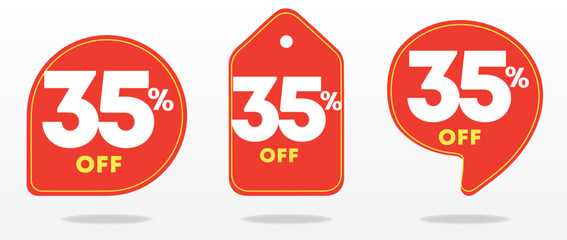 35% off. Special offer sticker, tag, sign. Banner, ten percent off, value, price. Red balloon. Shop, advertising, sales, store, promo, discount, profit. Set, icon, vector