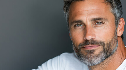 Obraz premium Thoughtful man with beard and blue eyes, expressing calm confidence