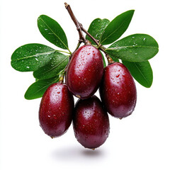Jujube Delight: Four juicy fruits glistening with freshness, adorned by vibrant green leaves.