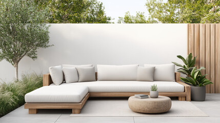 Naklejka premium Modern outdoor lounge area with cozy sectional sofa and greenery