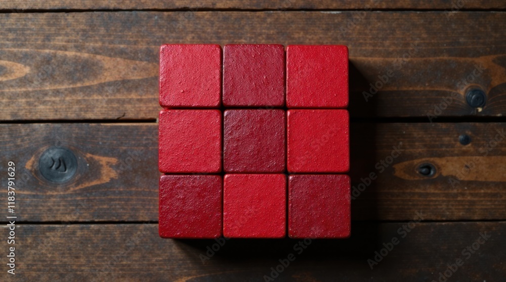 Aufkleber twelve crimson wooden blocks arranged in a grid on a rustic wooden surface