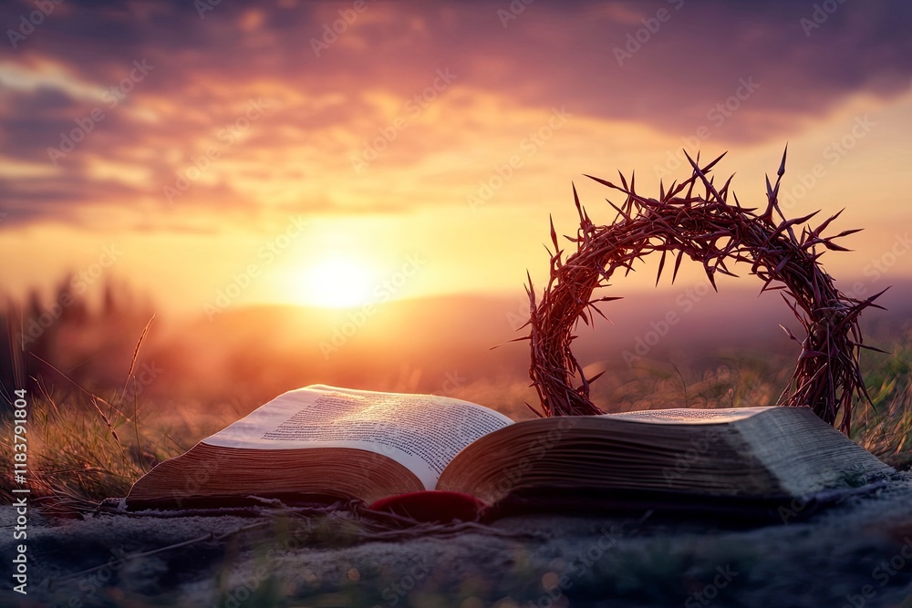 Wall mural christian cross and open book with a crown of thorns with a sunset scene background. palm sunday con