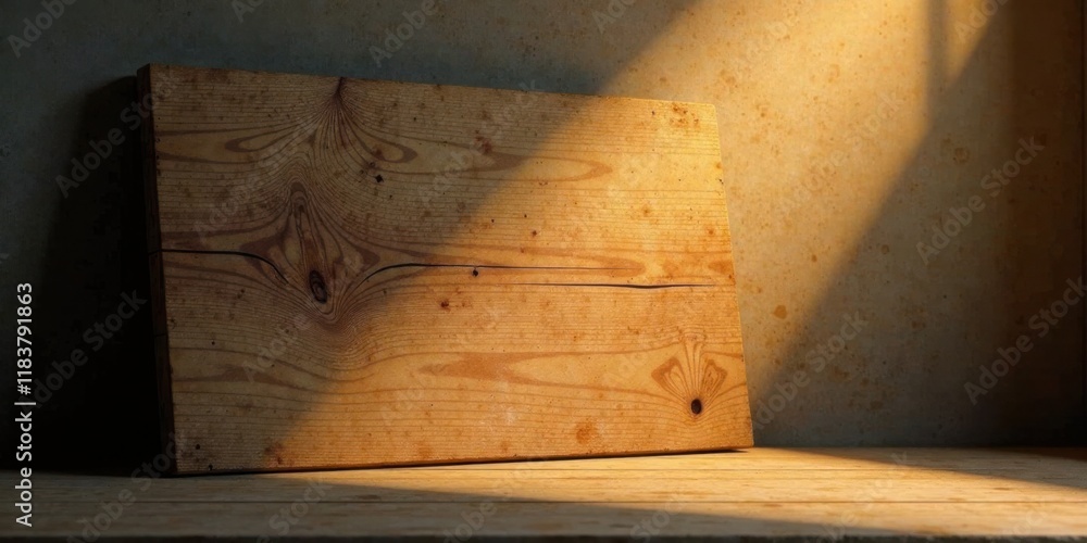 Poster rustic wooden plank illuminated by warm sunlight on a simple surface