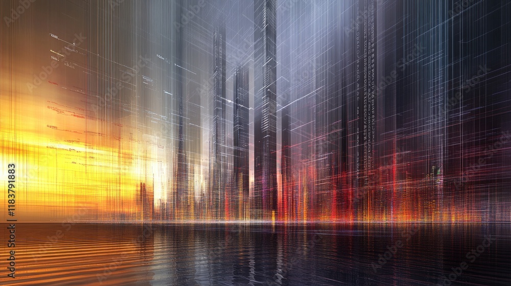 Poster a futuristic d stock graph with layered data points, showing trends in a vibrant color palette, pres