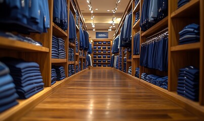 Fototapeta premium A long aisle of neatly folded blue shirts in a store