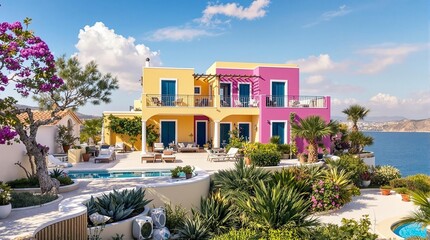 Fototapeta premium Mediterranean Dream Home: A picturesque villa with vibrant hues and a sparkling pool, nestled amidst lush greenery overlooking the azure sea.