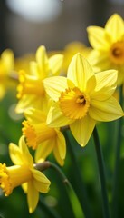 Fototapeta premium Dense cluster of daffodils, sunlight highlights petals, greenery, cluster, golden