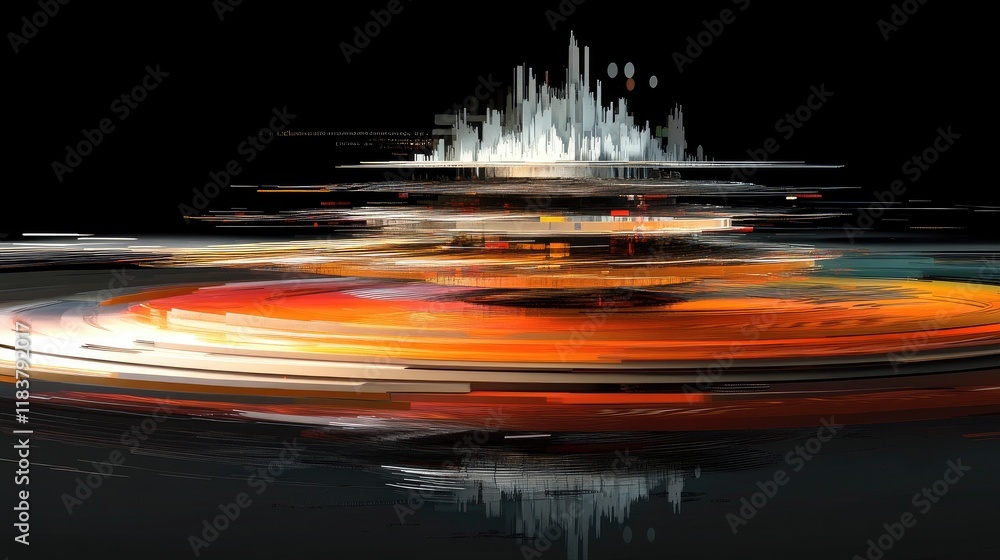 Poster a futuristic d stock graph with layered data points, showing trends in a vibrant color palette, pres