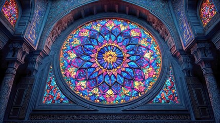 A mesmerizing view of a vibrant stained-glass window, showcasing intricate patterns and rich colors within a stunning architectural setting.