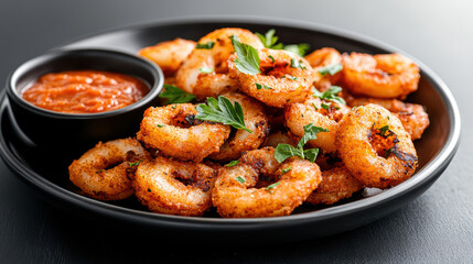 Fototapeta premium Crispy fried shrimp served with tangy sauce and fresh herbs on plate