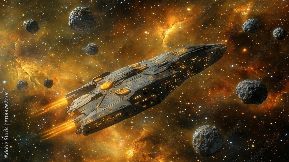 Poster spaceship soaring through asteroid field in nebula.