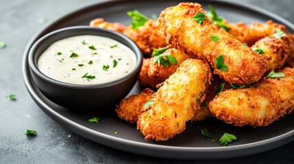 Crispy fried pickles served with creamy dipping sauce on plate
