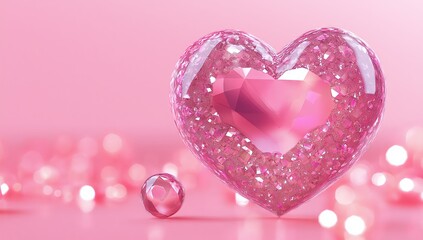 Obraz premium Shiny 3D heart with diamonds on a pink background, perfect for engagement rings, romantic gifts, and Valentine's Day luxury designs.