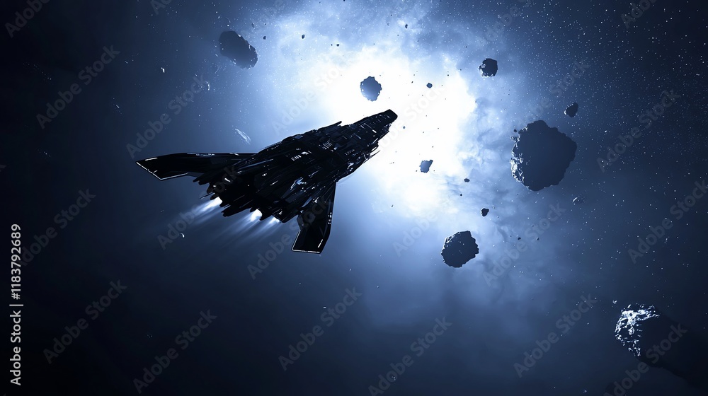 Poster spaceship navigating asteroid field, bright nebula in background.