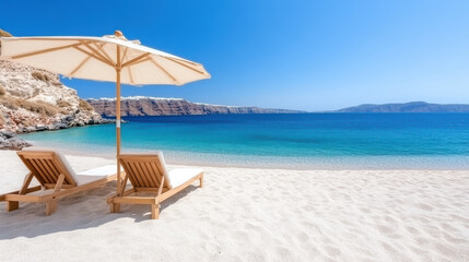 Fototapeta premium Relaxing beach scene with sun loungers and clear blue water