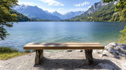 scenic overlook with wooden bench by tranquil lake and mountains