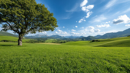 Obraz premium scenic view of lush green fields and mountains under blue sky