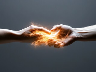 A closeup of hands intertwined with glowing pulse lines, couple, warmth and connection